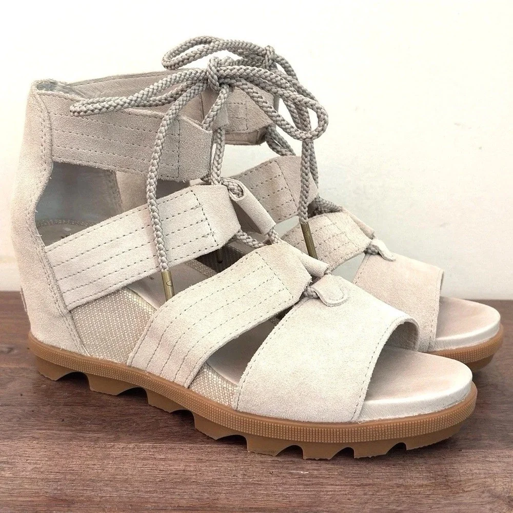 Sorel Wedge Sandals‎ Womens Gladiator Peep Toe Festival Beige Joanie Lace Up 8.5